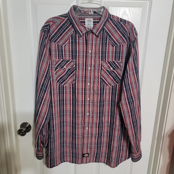 Dickies Western Blue/Red/White Plaid Long Sleeve Snap Front Men's Size XLT - Picture 1 of 10